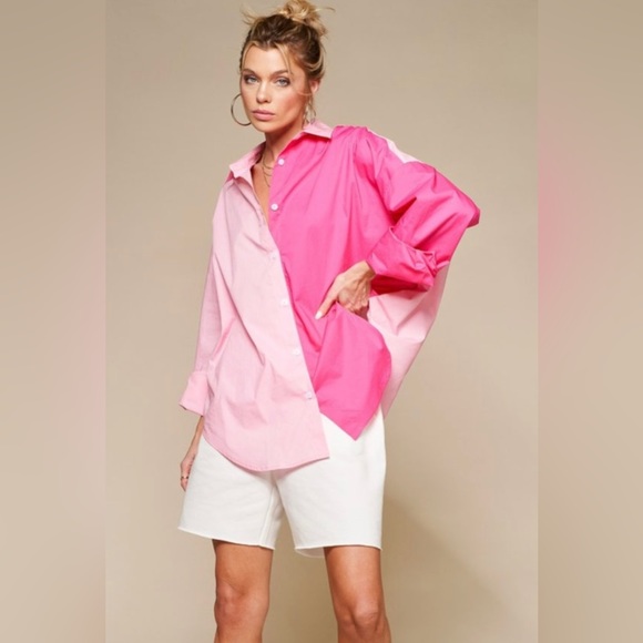 White & Tan Color Block Oversized Button Down Cotton - Picture 4 of 7
